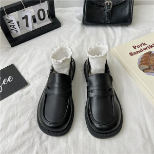 IELGY Leather Shoes Women’s British Style Black Slip-On Loafers Flat Japanese JK