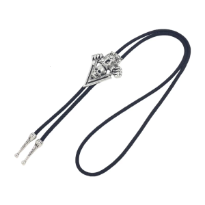 Western Bolo Tie with Carved Silver Skull Pendant Punk Neck Tie for Music Festival Roleplay Game Costume Accessory