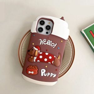 💗Internet celebrity trend+In stock+COD 3D Coffee Cup Soft Rubber Silicone Phone Case for iPhone 16 Pro Max 15 14 13 12 Christmas Puppy Dog Shockproof Cover Xmas Gift