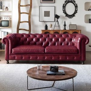 CraftedLiving SG-American R Sofa High-End Buckle Classic Oil Wax Leather Living Room Solid Wood Sofa 2 3 Seater