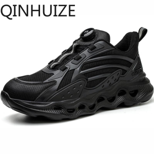 QINHUIZE Rotated Button Men Safety Shoes Steel Toe Sneaker Man Easy Wear Work Safety Boots New Breathable Work Shoes Mens Black Footwear