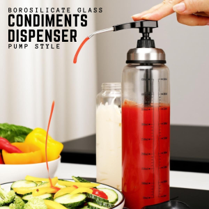 Borosilicate Glass Condiments Dispenser Pump Style - Leakproof Heat Resistant Kitchen Seasoning & Sauce Bottle