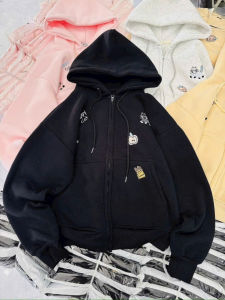 Áo Khoác Nữ HAPPY CAT nỉ bông logo thêu Mèo và Dừa Túi Trong Form Rộng Dài - Hoodie Zip Dây Kéo Phao Top Chống Nắng