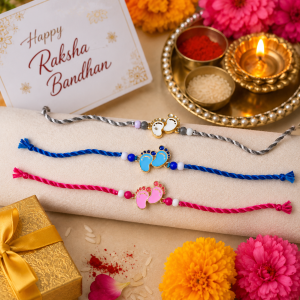 Baby Footprint Rakhi for Kids – Pink Blue & Grey Designer Raksha Bandhan Thread Rakhi with Beads Cute Baby Feet Charm Gift (Pack of 1 Pc)