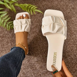 Plus Size Open-Toe Low-Heel Slippers For Women New Summer Fashion Pleated One-Strap Sandals