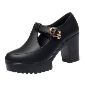 Falimottype)Size35-40 Womens Coarse Heel Pointed Straight Belt Shallow Mouth Single Shoes Fashion Mom Shoes Le Fu Shoes Non tiring Feet Single Shoes
