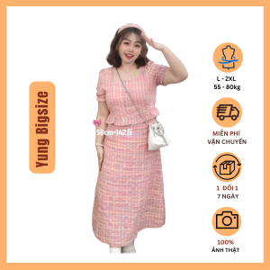 Set Đầm nữ Bigsize kẻ hồng dáng dài kèm chân váy chữ A 55-90kg