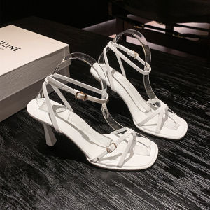 [Free Shipping] Womens new summer white strappy sandals with thin heels suitable for pairing with skirts comfortable high heels