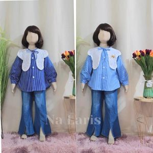 Setelan Ruli Set Anak Perempuan korean style Salur Mix Brukat Terbaru Usia 3-12 Tahun Set Salur  Celana Cutbray  Cute kemeja Lengan Panjang Set Anak Viral 2024/Setelan Salur Anak Kekinian