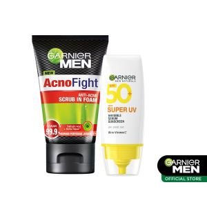 (PAKET HEMAT) Anti-Acne Face Wash & Sunscreen Vitamin C - Garnier Men Acno Fight Anti-Acne Scrub In Foam Skin Care 100ml & Super UV Invisible Serum Sunscreen SPF 50+ PA++++