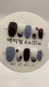 Vintage Dark Red Star & Polka Dot Press On Nails Medium Oval Handmade Reusable Fake Nails DIY Nail Decoration