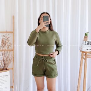 DNEMNLPH Pullover Terno - Longsleeves & Shorts (Trendy Korean Inspired Fashion Coordinates Womens Clothing High Quality Plain With Candy Colors Stretchable Freesize For Girls Ladies Women Casual Elegant Summer Beach Comfy Outfit Terry Fabric On Hand)