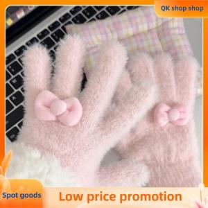 ✨QK shop✨ Plush Cute Butterfly Knot Knitted Gloves For Women In Winter Anti Freeze Cycling Warmth Gloves Five-finger Gloves