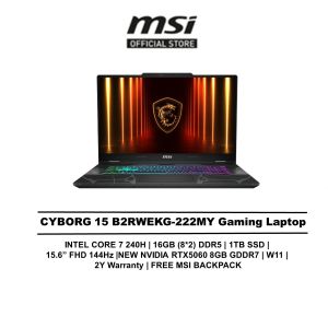 MSI Cyborg 15 B2RWFKG-222MY (Intel Core 7 240H/16GB OR 32GB DDR5 /1TB SSD/15.6" FHD 144HZ/ NVIDIA TX5060 8GB/4-ZONE RGB KEY/W11/BAG/2Y) Gaming Laptop