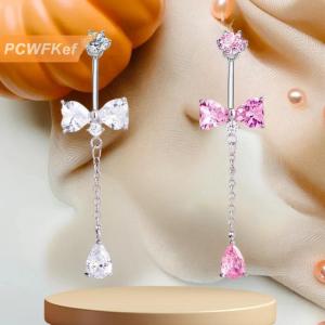 【PCWFKef】 แหวนสะดือรูปหัวใจติดโบว์แฟชั่นหวานสำหรับผู้หญิงจิวเวอรี่เซอร์เซอร์คอนประกายแวววาวสวยงามแหวนเจาะร่างกายเซ็กซี่ของขวัญเครื่องประดับ