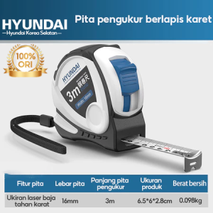 Hyundai Pita Pengukur Baja Berlapis Karet Meteran 3M 5M ABS TPR Anti Slip Presisi Tukang Bangunan