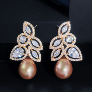 Sequito thanh lịch trang sức nữ màu vàng màu vàng đầy đủ Pave thiết lập AAA Zircon lập phương Hollow giọt nước treo hình lá bông tai với ngọc trai cho tiệc bên se814