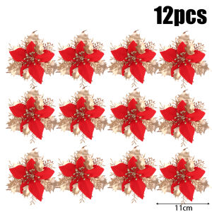 12ชิ้นผงทองจี้ดอกไม้ต้นไม้คริสต์มาสแขวนดอกไม้ประดิษฐ์สำหรับงานเลี้ยงคริสต์มาสปีใหม่อุปกรณ์ตกแต่งบ้าน