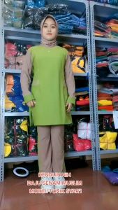 setelan baju celana olahraga senam zumba aerobik muslim hijau alpukat bahan denim spandek katun premium