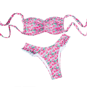 Womens Floral Ruffle Bathing Suit Two Piece Split Swimsuit 2 Piece Tankini Set Stretchy Quick Dry Fabric