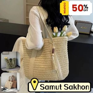 ZEFAN 【การจัดส่งสินค้า 2-3 วัน】ความจุขนาดใหญ่ฟางถักกระเป๋าลำลองร้อยสไตล์วันหยุด Tote กระเป๋าพู่กันตกแต่งกระเป๋าสะพาย