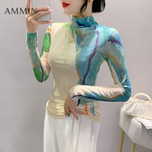 AMMIN สีทึบฤดูใบไม้ผลิและฤดูใบไม้ร่วงสีมัดย้อมพิมพ์ลายแขนยาวเสื้อยืดผ้าฝ้ายผู้หญิงสไตล์เกาหลีคอวีกึ่งสูงเสื้อสำหรับผู้หญิงลำลองไซส์ใหญ่พิเศษ2024