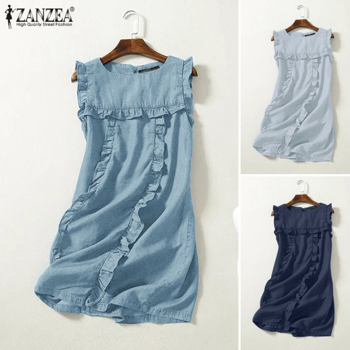 Esolo ZANZEA Korean Style Women Sleeveless Ruffle Denim Mini Dress ...