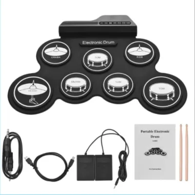 Portable Electronic Roll Up Drum Pad Instrument Gift Kit Silicon Foldable with Stick