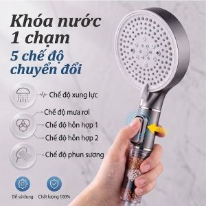 Vòi Sen Tăng Áp Lọc Nước Cao Cấp - Lõi Lọc Đa Lớp Khử Clo & Cặn Bẩn 5 Chế Độ Xả Nút Tắt Mở Tiện Lợi Lỗ Silicon Chống Tắc Ren Chuẩn 20mm Dễ Lắp Đặt Cho Nhà Tắm Spa