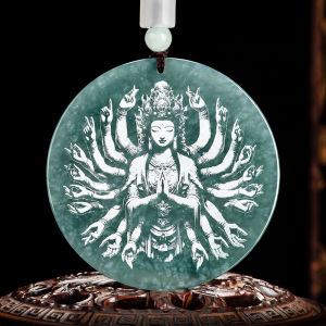 TIMESWIND Natural Jade Green Qianshou Guanyin Shadow Carved Round Women Pendant with Certificate