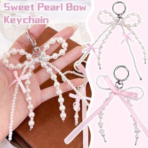 Women Girls Bag Pendant Pink Bow Key Holder Sweet Pearl Bow Keychain Phone Lanyard Accessories