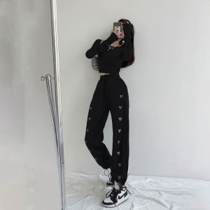 Embroidered Heart Casual pants with high waist for women Casual Pants Womens Fashion High Waist Tunic Long Pants COD
