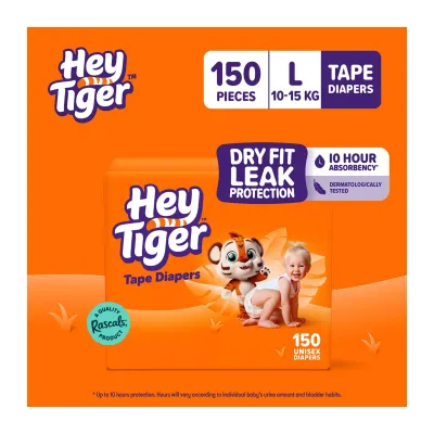 Hey Tiger Tape L Diaper Case - LARGE (10-15 kg) - 150 pcs - Tape Diapers
