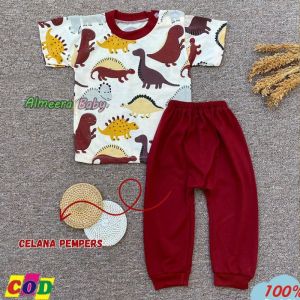 Setelan Baju Pendek Celana Panjang Size 3-12 Bulan Kancing Pundak dan Celana Diapers Bayi laki-laki perempuan Motif Stegosaurus - Almeera Baby and Kids