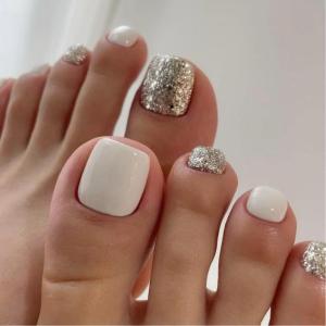 Short Square Fake Toenails Glitters Press on Toe Nail Acrylic False Toes Nail Artificial Toenails Full Cover Toenails