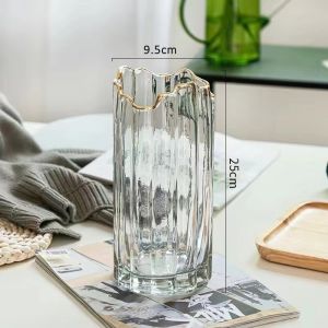 Creative Large Diameter Glass Vase with Golden Edge Flower Arrangement Container Hotel Office Household Ornament