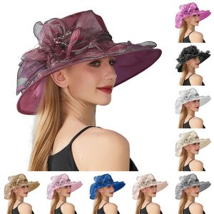 5210A Organza Women Derby Hat Wide Brim Solid Color Flowers Bridal Tea Party Wedding Hat Classy Foldable Summer Ruffles Sun Hat