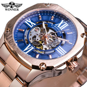 Original WINNER Watch Mens Vintage Gold Skeleton Square Automatic Skeleton Stainless Steel Fashion Gentleman Mechanical Clock
