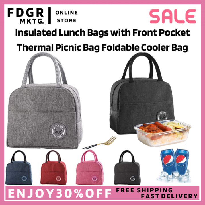 Insulated Lunch Bags with Front Pocket Thermal Picnic Bag Foldable Cooler  Bag Water-Resistant Lunch Bag Portable Lunch Box Bag Handcuffs Tiffin Bag 