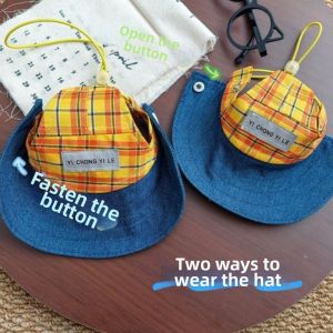 K0Y9VB4G Adjustable Pet Sun Protection Denim Hat Breathable Checkered Dog Fisherman Hat Cute Lightweight Dog Visor Cap Summer