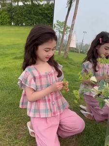Bear Leader 3 to 7 Years Girls Plaid T-shirt and Pink Pants 2 Pieces Clothing Sets Baby Kids Flying Sleeves Casual Wear Clothes Outfits Childrens Summer Costumes New Suits