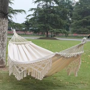 Tusheng Bohemian Style Double Hammock with Tassels - 2-Person Capacity Thickened Rope & Carrying Bag Red & White Striped Design for Outdoor Garden Patio Wedding Decor Hammock for Outside Garden Relaxation Vibrant Striped Design Durable Fabric