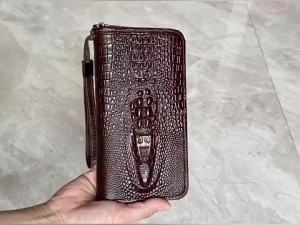 Mens Genuine Leather Long Wallet Clutch – Crocodile Pattern RFID Blocking Wristlet Purse with Credit Card Slots & ID Holder
