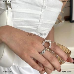 [COD] Auto Stuff แหวนสีเงิน2ชิ้นแหวนไข่มุกเทียมแบบกลวงคู่ปรับได้เครื่องประดับงานปาร์ตี้แฟชั่นหรูหรา