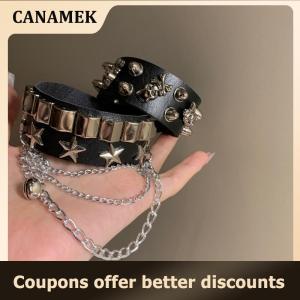 【 CANAMEK 】 Punk Gothic Skull Bracelet Chains Metal Spikes Rivet PU Leather Wristband Cuff Bangle Wide Cuff Bracelet Women Men Jewelry