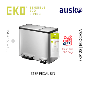 EKO Ecocasa Triple Liner Recycling Bin 30L/15L | Soft Closing | Durable Stainless Steel | Multipurpose Waste Bin