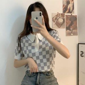 Rajut Import 024 / Rajut Wanita / Atasan Blouse Motif Chests / Rajut Corak Catur Kotak Kotak / Crop Top / Atasan lengan pendek / Blouse rajut motif catur