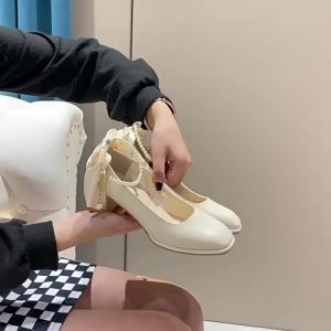 1014 Wedding Shoes Red Thick Heel Square Toe High Heels Womens Single Shoes Xiuhe White Wedding Dress Two-Way Pearl Bridal Shoes Bow