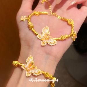 New Chinese Style Pink Enamel Butterfly Gold Bracelet with Niche Design Retro Light Luxury Exquisite Chinese Style High-end Feel Handmade Accessory新中式粉色珐琅蝴蝶金色手链小众设计复古轻奢精致国风高级感手饰