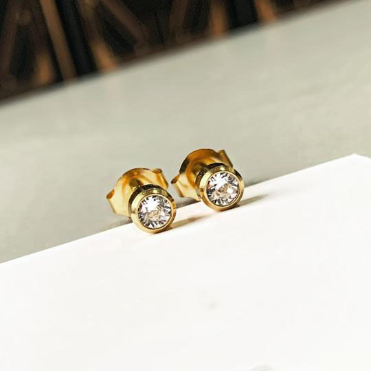 Mens 7mm Gold Stainless Steel Stud Earrings With Red Cubic Zirconia